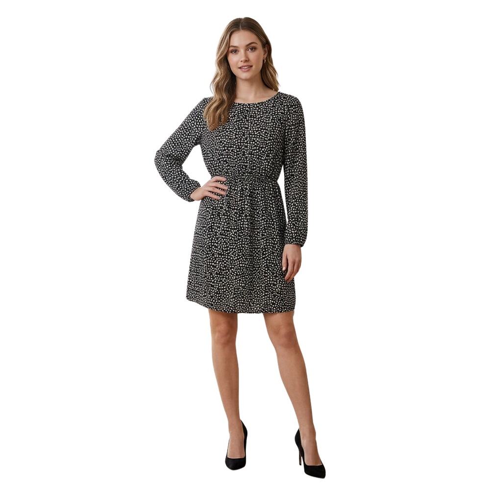 J.CREW  Black White Heart Prints Long Sleeve Knee Length Dress, US10